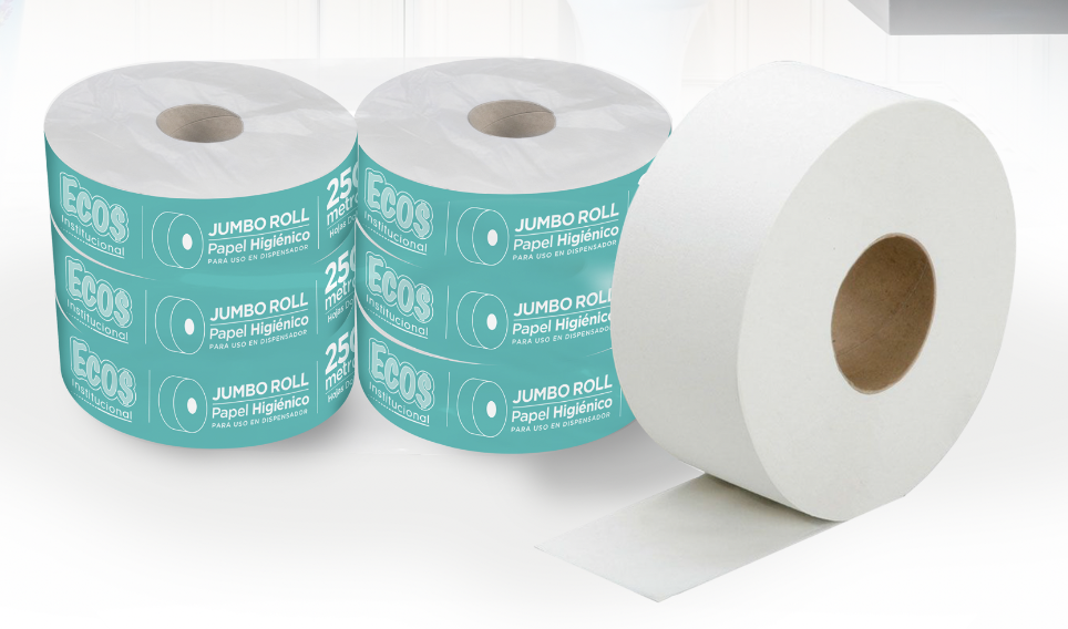 Papel higiénico jumbo roll blanco ECOS 250mts HD doble hoja 6x1